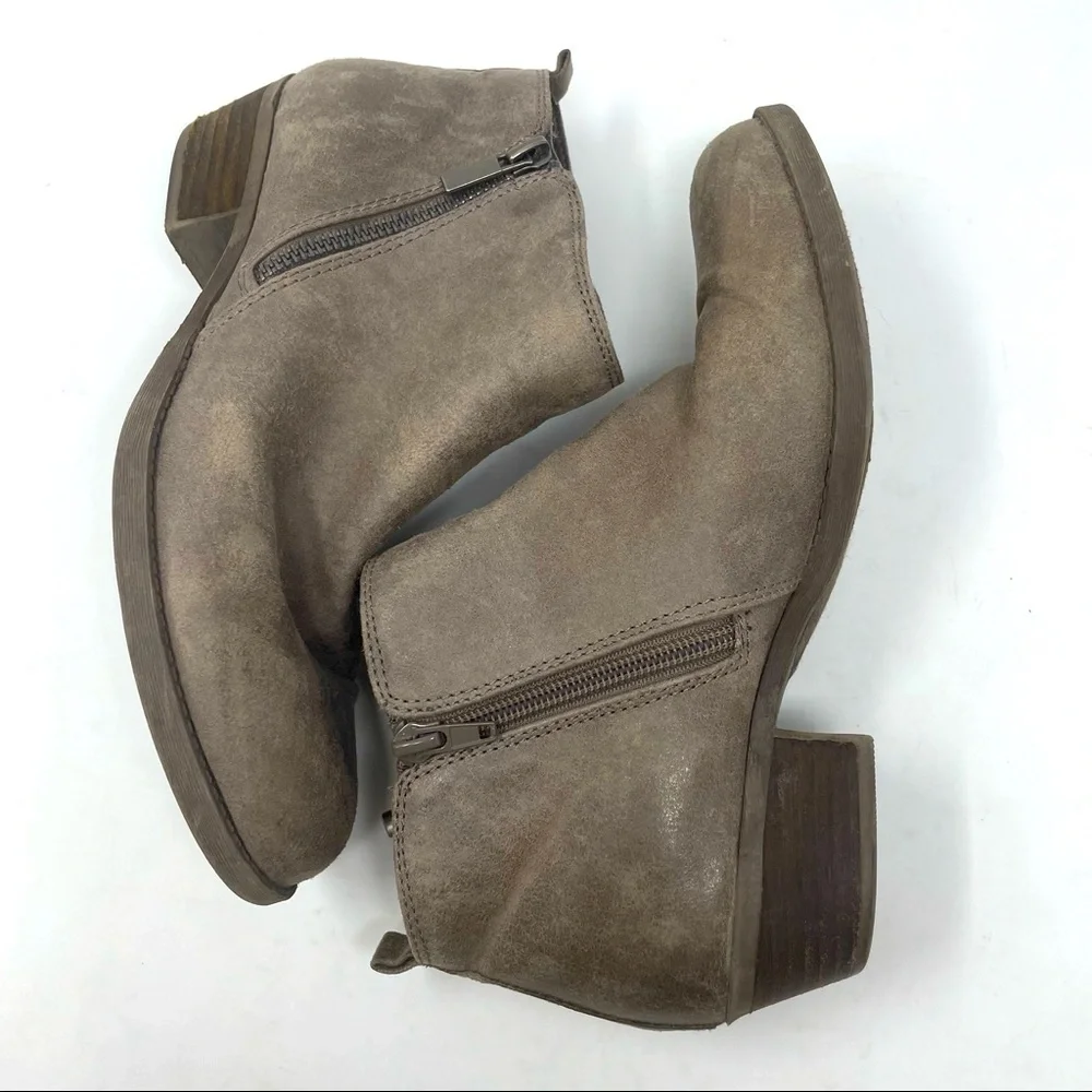 Carlos Leather Ankle Boots Side Zip Stacked Heel Size 9.5 Brown/Gray